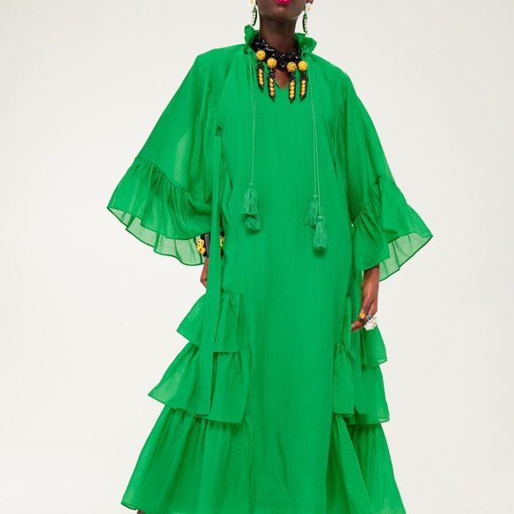 Iris Apfel X H&M MEDIUM Long Flounced Tassels Oversized Green Maxi Dress SMALL - Picture 5 of 10